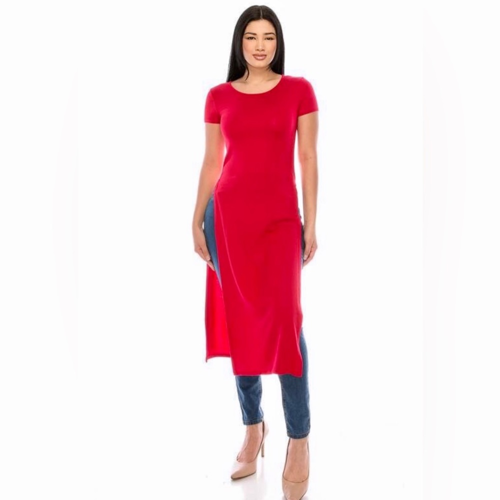 Love J Solid Red Split Thigh Longline Maxi T-Shirt L